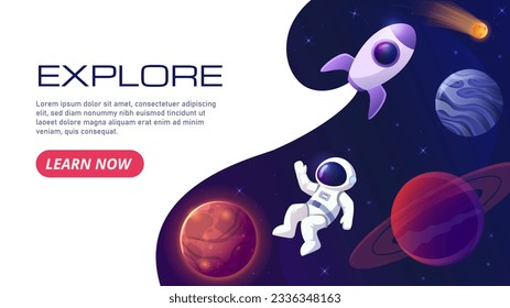 Explore space banner concept. Man flies with rockets and planets. Astronaut explores galaxies and universes. Science futuristic expedition. Travel and adventure. Cartoon flat vector illustration