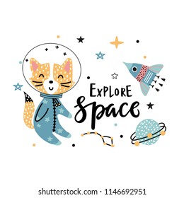 Explore space - handwritten phrase with funny fox astronaut, rocket and stars on a white background. Vector illustration for kids.