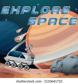 Explore Space logo on planet comet background illustration