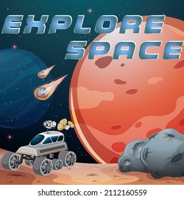 Explore Space logo on planet comet background illustration