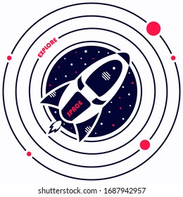 Explore Space poster with cartoon rocket taking off, orbits, planets and stars. Can be used for T-shirts, pajamas, fabrics, stickers, diaries, school exercise books, wrapping, decoration. 