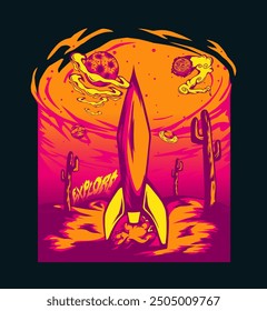 Entdecken Sie Space Rocket und Planet Themed Illustration Design für T-Shirt Print, Poster Design, Streetwear, Tote Tasche und andere