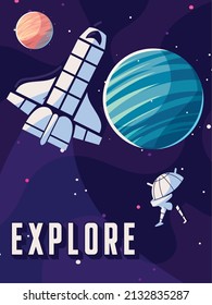 explore space spaceship and planet poster