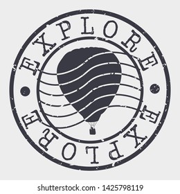 Explore Stamp. Hot Air Balloon Silhouette Seal. Round Design. Vector Icon. Design Retro Insignia.