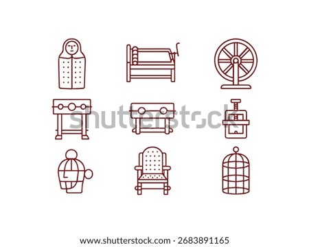 Explore a stark collection of historical confinement and torture devices presented as minimalist vector icons. A journey through humanity's darker past.