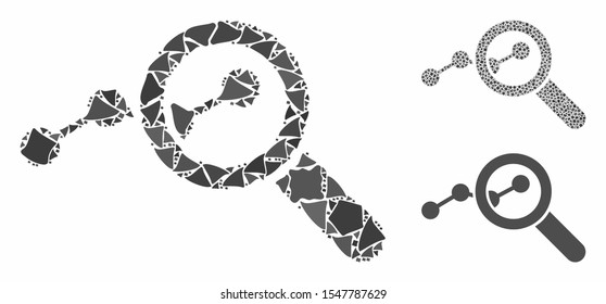 Explore stats mosaic of abrupt pieces in various sizes and color hues, based on explore stats icon. Vector rough pieces are organized into collage. Explore stats icons collage with dotted pattern.