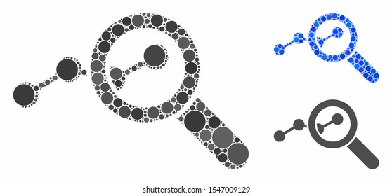 Explore stats mosaic of circle elements in variable sizes and color tints, based on explore stats icon. Vector round elements are composed into blue illustration.