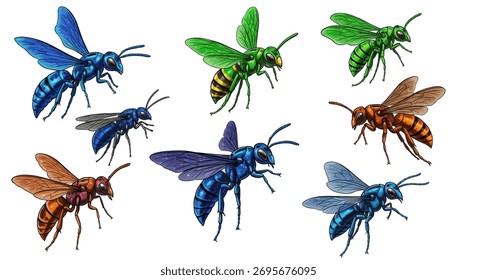 Explore uma impressionante variedade de vespas de cores vívidas, de azuis profundos e verdes radiantes a laranjas ardentes, todas apresentadas contra uma tela branca e estaladiça. 