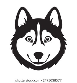 Explore a striking minimalist husky face vector art, perfect for logos, stickers, and designs. This black and white illustration captures the iconic features of a husky with bold lines and simplicity