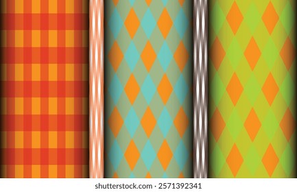 Explore a stunning collection of colorful textile patterns featuring plaid, argyle, and diamond designs in vibrant orange, green, blue, and brown hues, perfect for fabric, wallpaper, or digital backgr