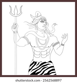 Explore a stunning Lord Shiva line art illustration design, featuring intricate details like the Trishul, serene expression, flowing hair, and divine elements.