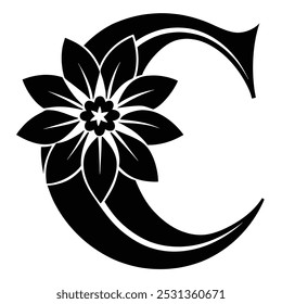 Explore uma impressionante ilustração vetorial da letra C maiúscula com acentos florais. Ideal para logotipos, ícones, arte em linha, clipart e silhueta projetos para projetos criativos e decorativos.