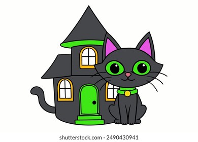 Explore a stylish vector illustration of a black cat with green eyes, perfect for adding a touch of elegance and charm to any project. Ideal for creative designs and unique artworks