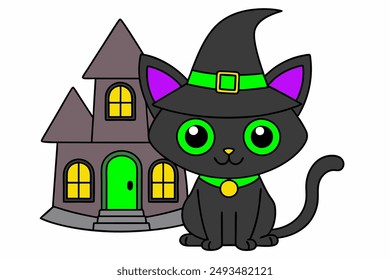 Explore a stylish vector illustration of a black cat with green eyes, perfect for adding a touch of elegance and charm to any project. Ideal for creative designs and unique artworks