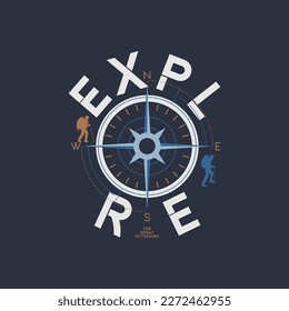 EXPLORE t shirt design. Outdoor vector for print. abstract ADVENTURE  illustration. compass icon, motivation