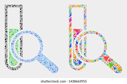 Explore test-tube mosaic icon of triangle elements which have variable sizes and shapes and colors. Geometric abstract vector design concept of explore test-tube.