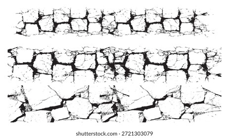 Explore estos tres patrones distintos de piedra agrietada en blanco y negro, con Formas geométricas ásperas y texturas angustiadas, perfecto para agregar un efecto grunge o desgastado a su gráfico