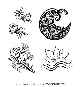 Explore this abstract flower waves black and white line art design set. Perfect for modern decor, patterns, wallpapers, and digital projects with a stylish and minimalist touch.
