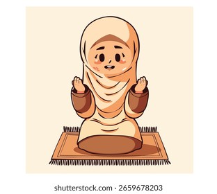 Explore this adorable illustration of a moslem cartoon girl wearing a white hijab, sitting on a rug in prayer for Islamic New Year celebration.