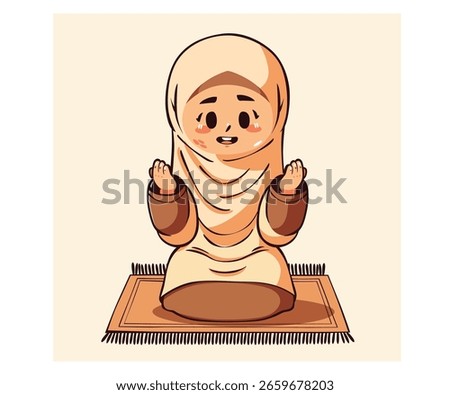 Explore this adorable illustration of a moslem cartoon girl wearing a white hijab, sitting on a rug in prayer for Islamic New Year celebration.