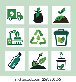 Explore this bioplastic vector icons bundle with eco-friendly designs for recycling, waste management, transport, and production.