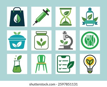 Explore this bioplastic vector icons bundle, featuring eco-friendly designs like bags, bottles, lab tools, and more. 