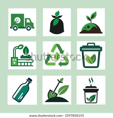 Explore this bioplastic vector icons bundle with eco-friendly designs for recycling, waste management, transport, and production.