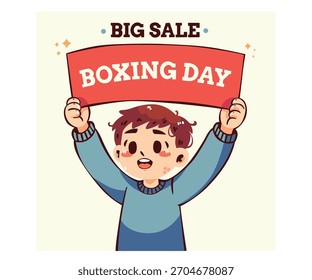Explore this bright illustration of a cheerful boy holding a red banner, perfect for Black Friday and Boxing Day shopping themes.