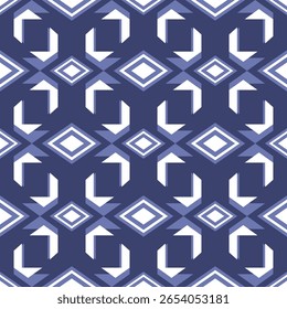Explore este design geométrico cativante com setas e diamantes em tons brancos e azuis em um fundo azul escuro. Perfeito para diversos projetos criativos.