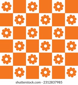 Explore this captivating seamless pattern featuring an orange and white chessboard motif adorned with charming flowers. Perfect for textiles, wallpapers, and more.