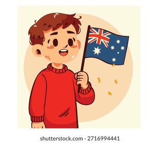 Explore esta ilustração de desenho animado de um menino orgulhosamente segurando uma bandeira australiana, perfeita para as celebrações do Dia da Austrália e temas do Dia da Independência!