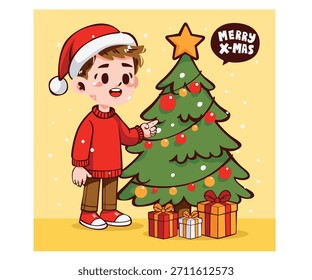 Explore this charming illustration of a cartoon boy near a Christmas tree that is ideal for your holiday celebration themes and creative Christmas projects.