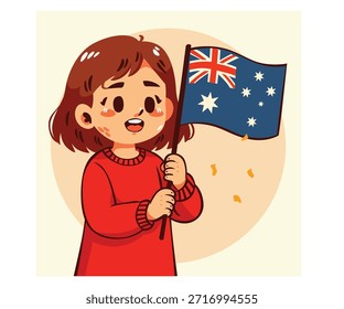 Explore esta encantadora ilustração de uma menina de desenho animado orgulhosamente segurando uma bandeira australiana, perfeita para as celebrações do Dia da Austrália e do Dia da Independência.