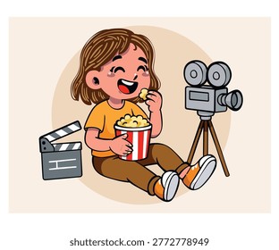 Explore this charming illustration depicting a girl on the floor, enjoying popcorn and celebrating her love of film and cinematography.