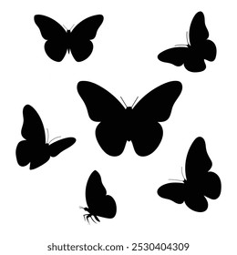 Explore this collection of butterfly silhouettes in flight, showcasing various poses and styles. This set features butterfly icons perfect for tattoos and artistic designs, emphasizing elegance and fr