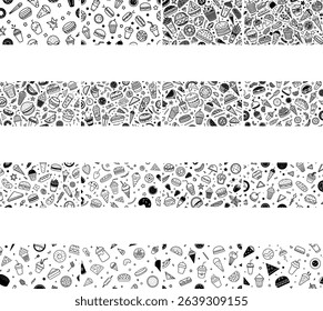 Explore this collection of four seamless patterns featuring hand-drawn food doodles, including burgers, pizza, ice cream, and drinks, arranged in repeating, outline-style designs.