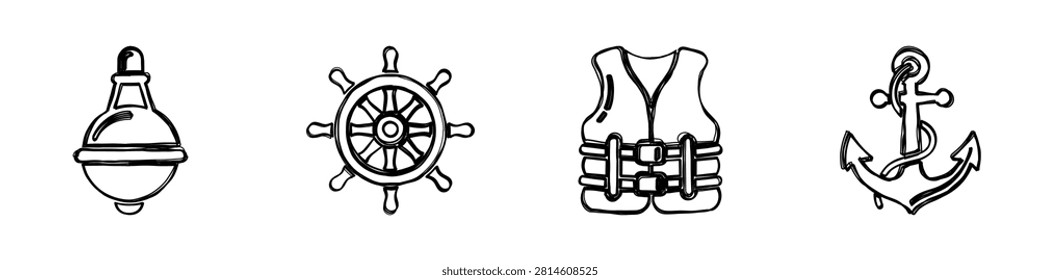 Explore this collection of marine-themed symbols depicting a buoy, steering wheel, life vest, and anchor
