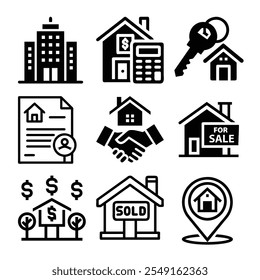 Explore this comprehensive set of high-quality real estate icons, perfect for enhancing your website, app, and marketing materials. Featuring modern designs of houses, buildings, property management, 