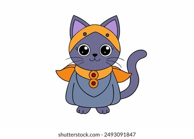 Explore this delightful vector illustration of a cute cat in a Halloween costume, perfect for holiday-themed designs. High-quality digital artwork available for instant download