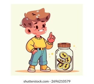 Explore this fun illustration of a cartoon boy pointing to a jar of coins, perfect for lessons on investing, saving, and planning for the future.