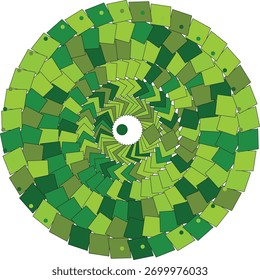Explore este diseño de caleidoscopio verde con patrón cuadrado en rotación circular sobre fondo negro para proyectos de arte creativo y diseño gráfico. 