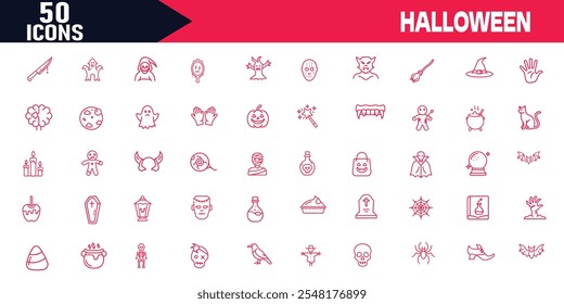 Explore this Halloween Editable Stroke Outline Icons Set featuring pumpkins, skulls, ghosts, spiders, cats, crosses, candles, and more. Perfect for vector illustrations and design projects.