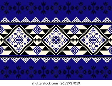Entdecken Sie dieses komplizierte geometrische Ethno-Muster in Blau und Weiß, das sich ideal für Textildesign und Hintergründe eignet, und verleihen Sie Ihren Projekten einen Hauch von kulturellem Flair. Leicht zu kacheln. 