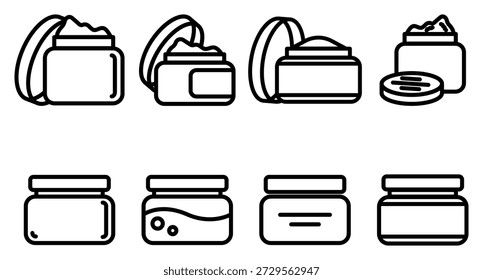 Explore este conjunto de ícones de linha minimalista de vários frascos de creme cosmético. Perfeito para ilustrar as rotinas de cuidados da pele, embalagem de produtos de beleza ou interfaces digitais para a saúde e bem-estar.