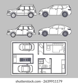 Explore this minimalist vector illustration featuring various illustrated car models alongside a residential house floor plan.