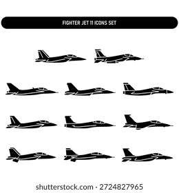 Explore esta coleção profissional de 11 silhuetas modernas de caças militares a jato, com projetos aerodinâmicos de bombardeiros furtivos, interceptores supersônicos e aeronaves de combate.