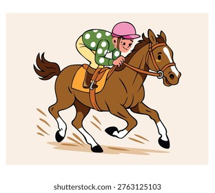 Explore this stunning Kentucky Derby illustration featuring a jockey riding a brown horse in the middle of the race—a must-see for fans of equestrian sports and horse racing.