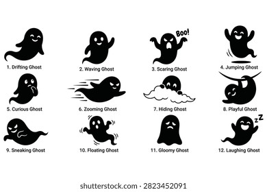 Explore this versatile bundle of twelve adorable black phantom illustrations featuring playful drifting waving and hiding actions perfect for crafting festive autumn merchandise and unique spooky commercial graphic designs today