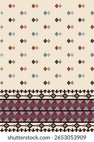 Explore este patrón geométrico étnico vibrante con rojo, azul, negro y beige. Ideal para diseños textiles sin costuras, fondos decorativos y agregar un toque de arte popular a sus proyectos. 