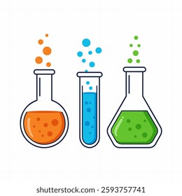 Explore this vibrant illustration of colorful laboratory glassware, featuring flasks and test tubes with bubbling liquids, perfect for science-themed projects.